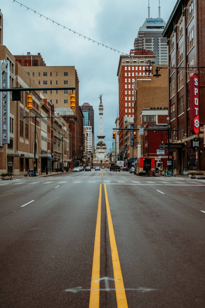 Street-level view toward Monument Circle in downtown Indianapolis