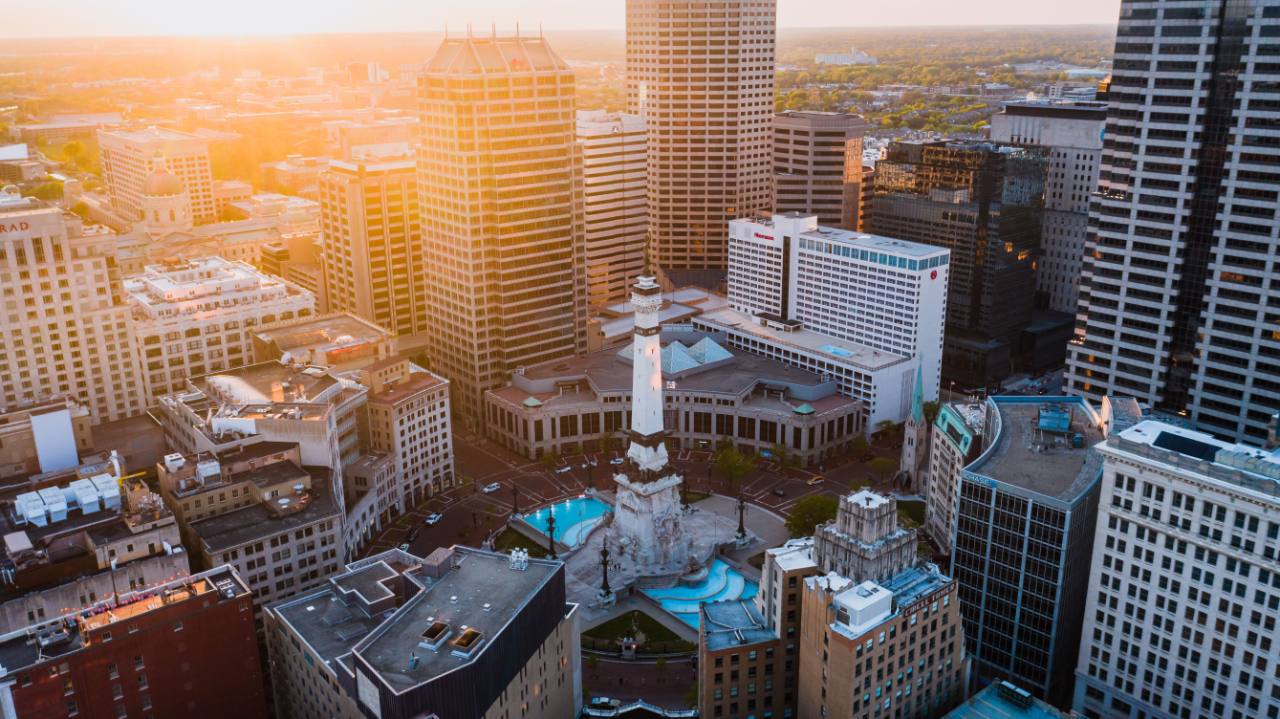 Sunset over Monument Circle and downtown Indianapolis